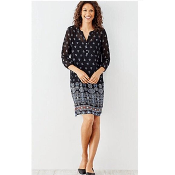 J Jill Sheer Mini Dress Sz Mp Geometric Black 3/4 Sleeve V Neck Cover Up Beachy - Picture 1 of 12